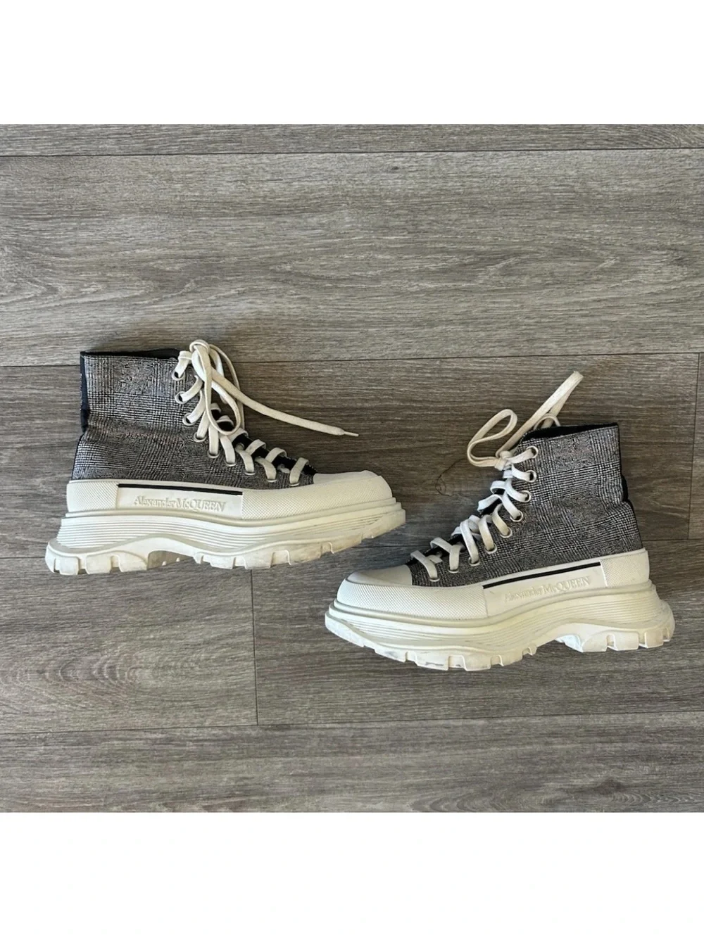 Alexander McQueen Tread Slick High Top Sneakers 37.5 Grey Tweed Platform